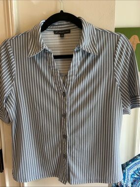 Adrianna Papell Blue and White Vertical Stripe Short Sleeve Button-Front Shir